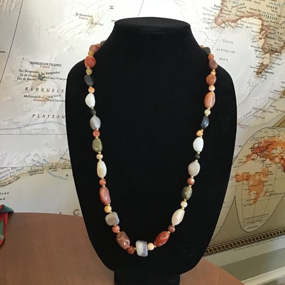 Vintage Polished Gemstone Beaded Necklace 34" Long Weighty Earth Tones - Picture 4 of 16